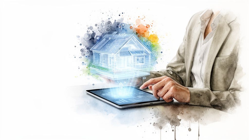 Persoon bedient tablet met 3D-model van een huis en slimme technologie-iconen in waterverfstijl.