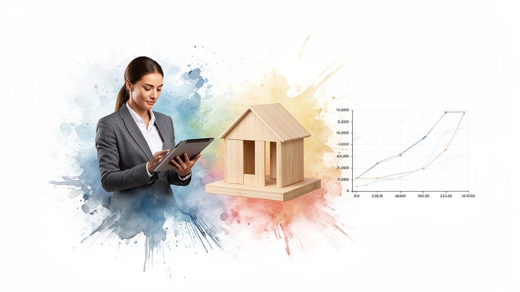Vrouw met tablet en houten huismodel voor grafiek, overweegt woningwaarde en financiën.
