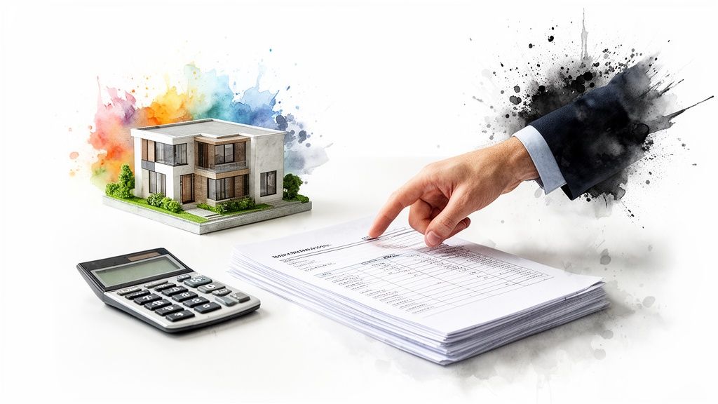 Hand wijst naar documenten met woningtaxatiekosten, naast een modern huismodel en een rekenmachine.