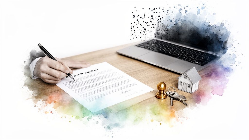 Hand tekent belangrijk document op houten bureau, naast een laptop, miniatuurhuisje, sleutels en een stempel.