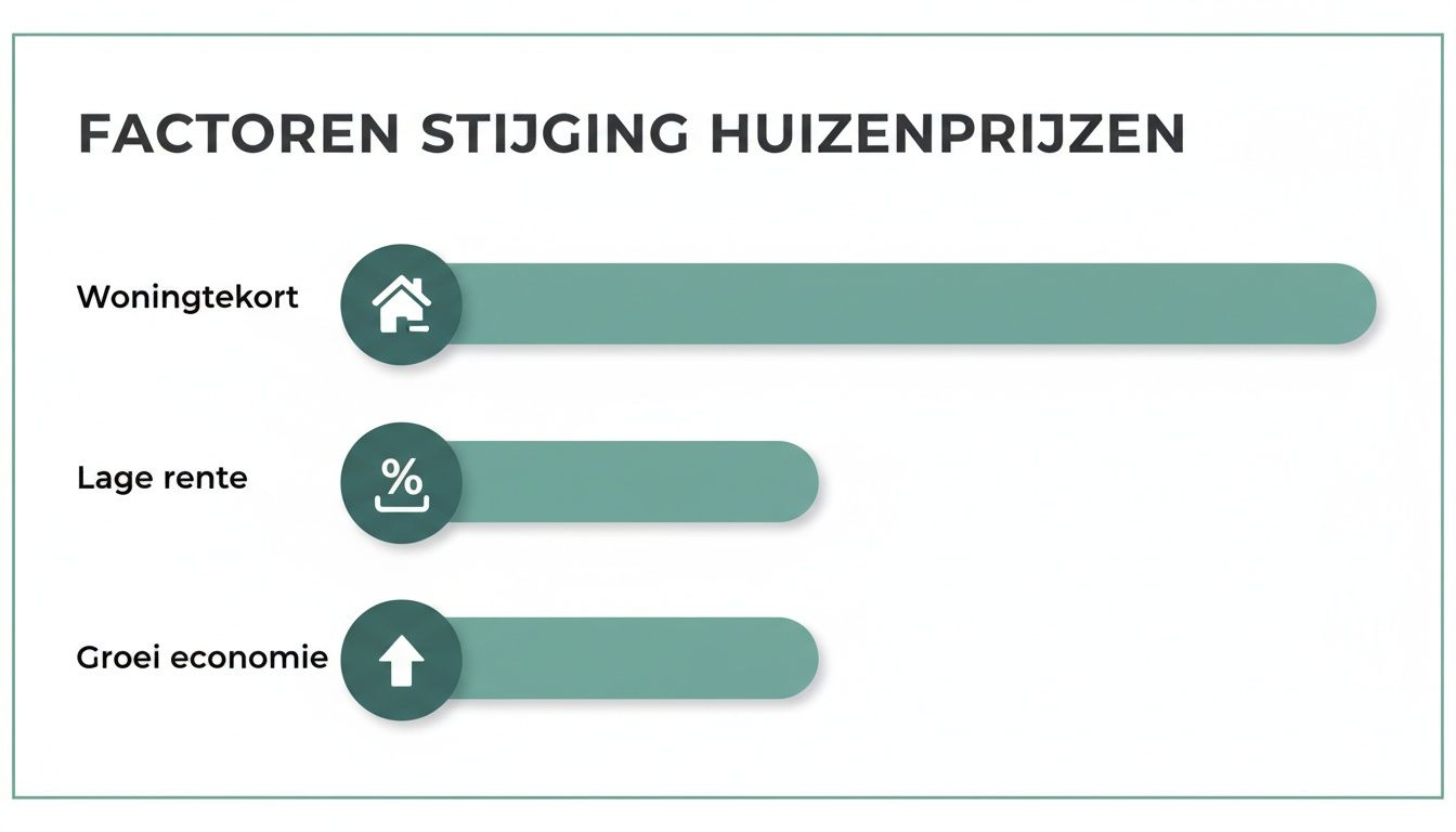 Infographic over factoren die de stijging van huizenprijzen beïnvloeden, zoals woningtekort, lage rente en economische groei.