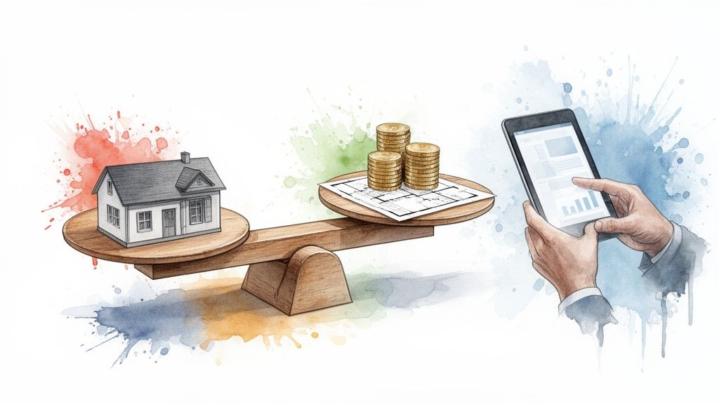 Illustratie van een balansweegschaal met een huis en stapels munten, aangevuld met handen die een tablet vasthouden.