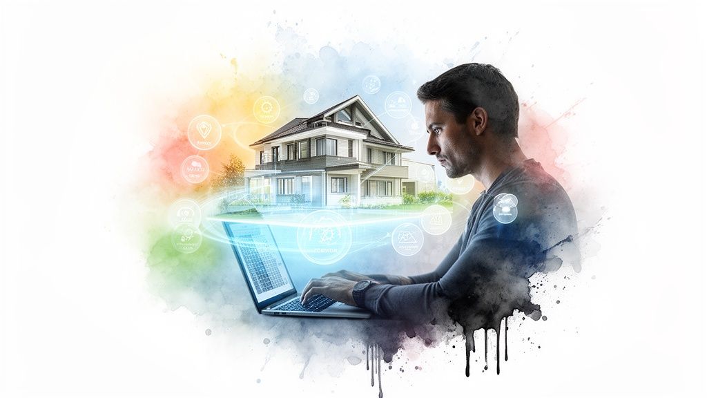 Man gebruikt laptop voor digitale weergave van een modern huis met slimme woning technologie.