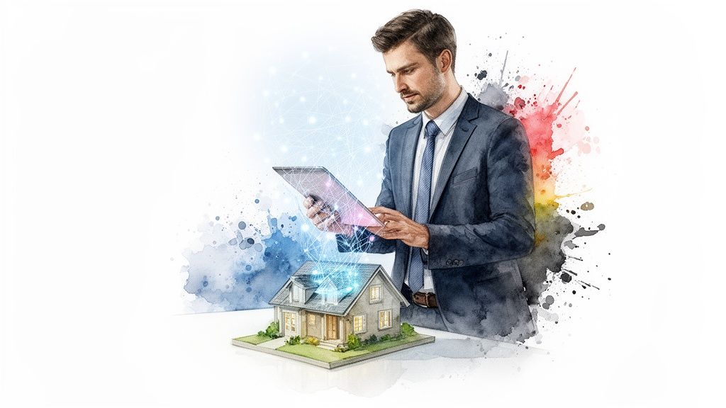 Man in pak gebruikt tablet om een modelwoning te beheren, met digitale connectiviteit en aquarelspatten.