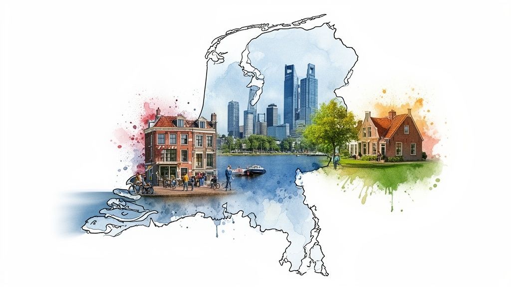 Kaart van Nederland met verschillende landschappen: historische huizen, moderne skyline en een landelijke woning.