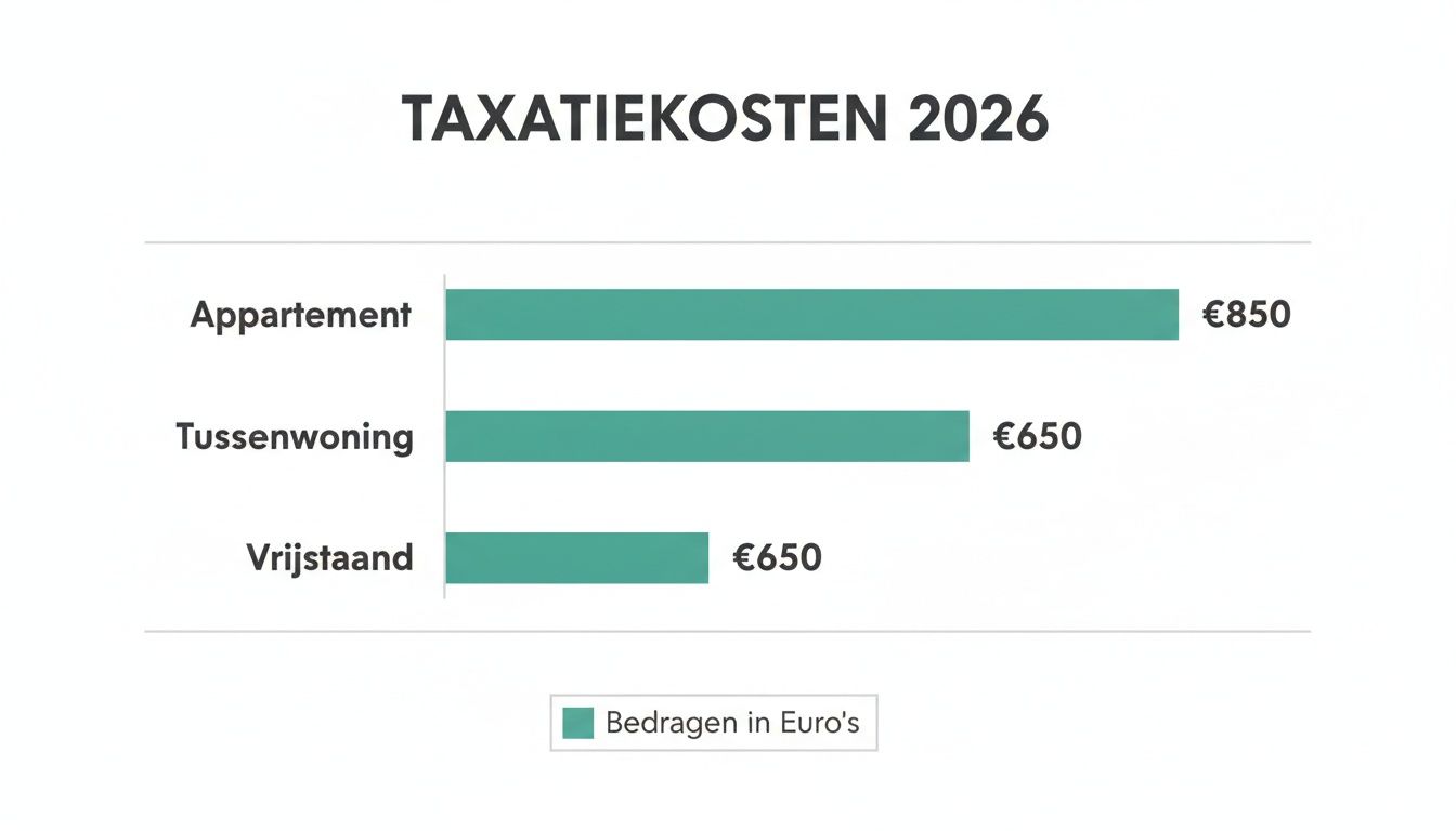 Staafdiagram met taxatiekosten 2026: Appartement €850, Tussenwoning €650, Vrijstaand €650.