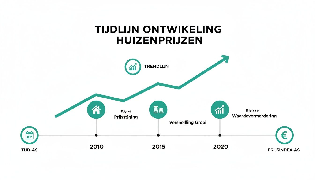 Tijdlijn grafiek toont ontwikkeling van huizenprijzen over de jaren, inclusief belangrijke mijlpalen en trendlijn.