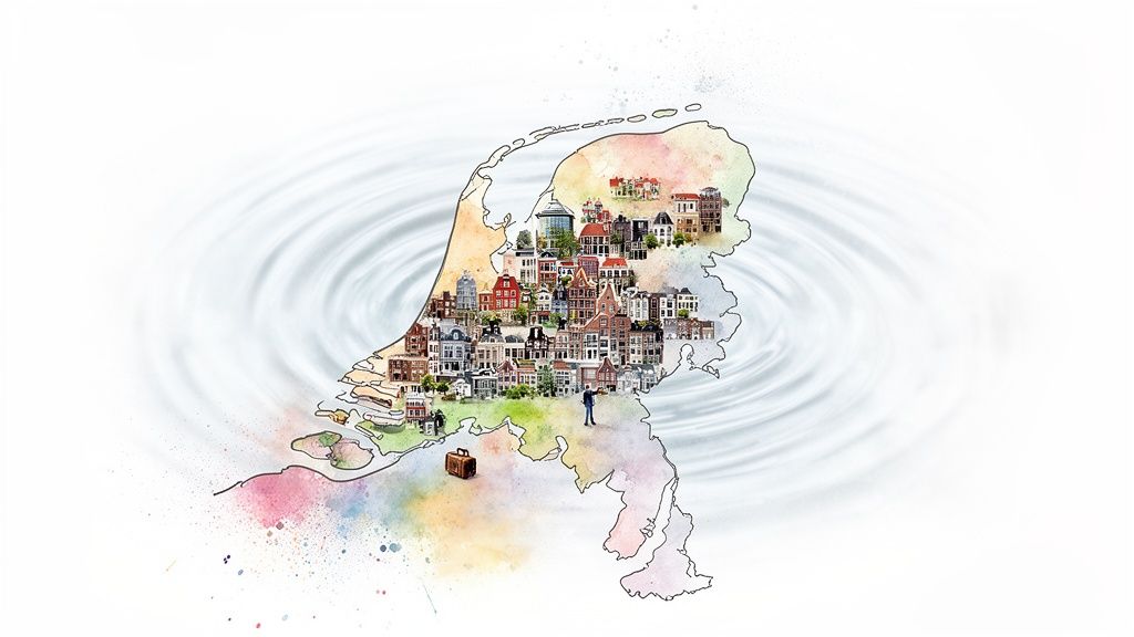 Illustratie van Nederland met diverse huizen, gebouwen en een reiziger, omringd door water.