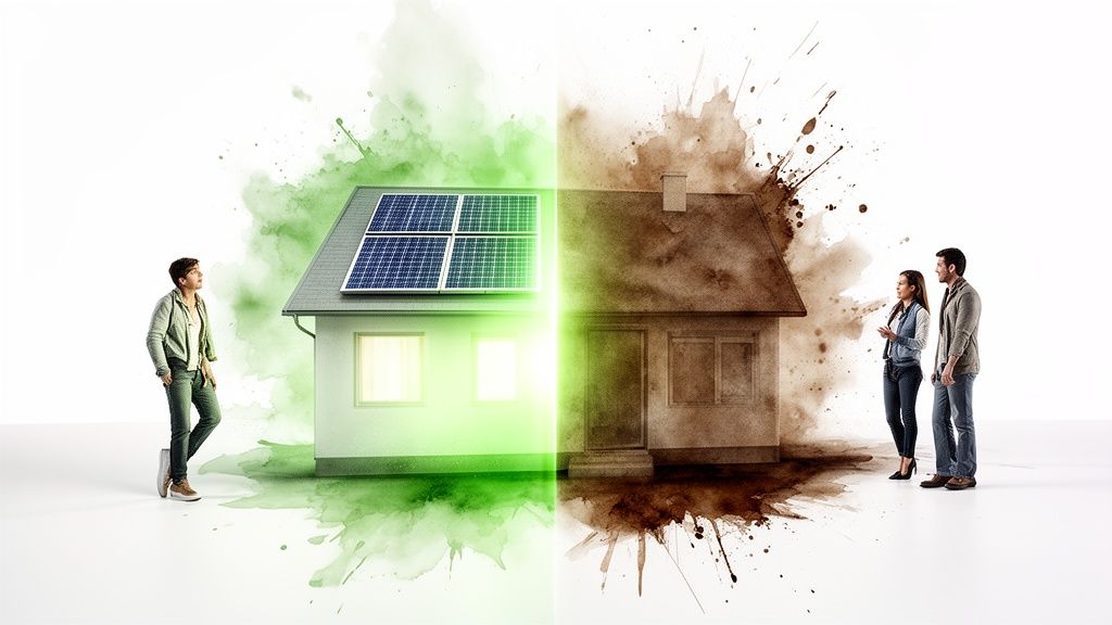 Een huis gesplitst in een groene, duurzame kant met zonnepanelen en een bruine, vervuilde kant, met mensen ernaast.