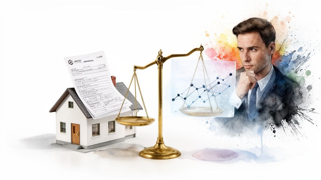 Man overweegt vastgoedwaarde met weegschaal, huismodel en documenten. Vastgoedtaxatie en financiële analyse.