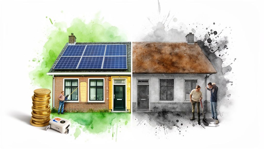 Vergelijking van een duurzaam huis met zonnepanelen en geld, tegenover een verouderde woning met problemen.