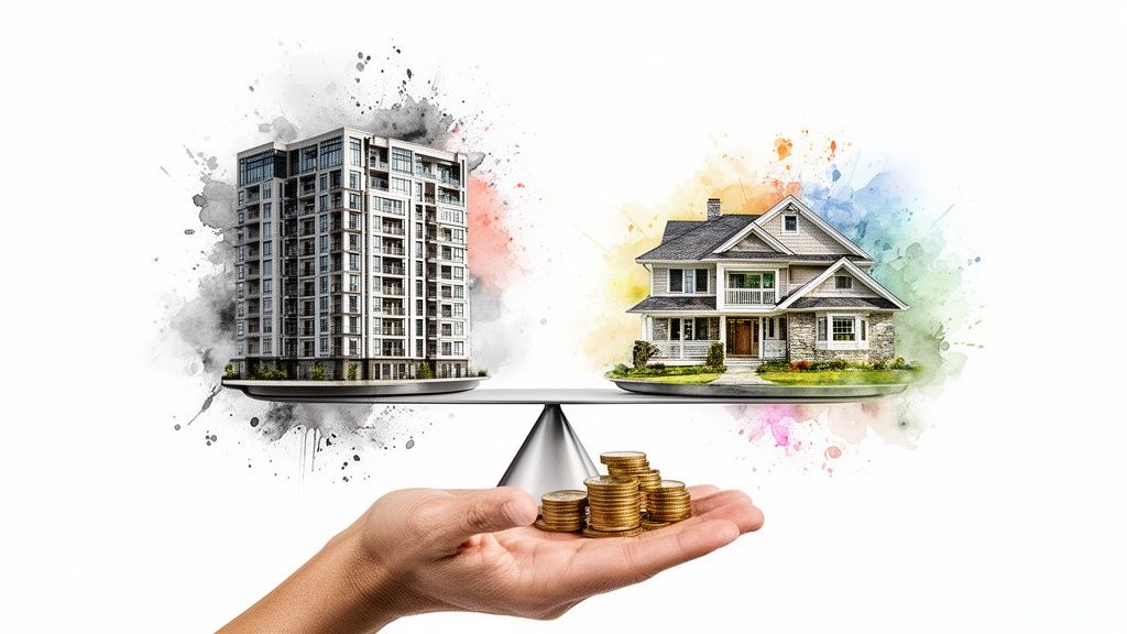 Balans tussen appartement en huis, met munten in hand, symboliseert vastgoedkeuzes en kosten.