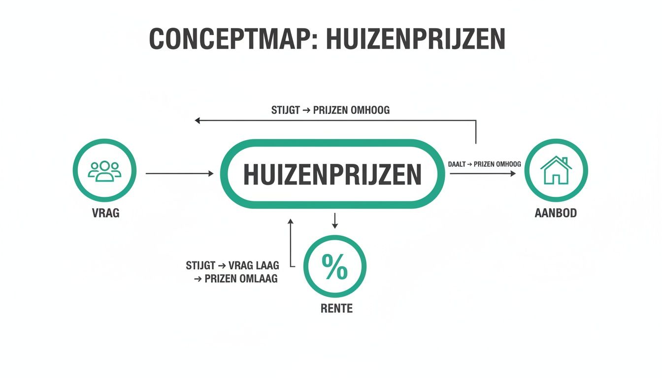 Conceptmap die de relatie tussen vraag, aanbod, rente en huizenprijzen inzichtelijk maakt.