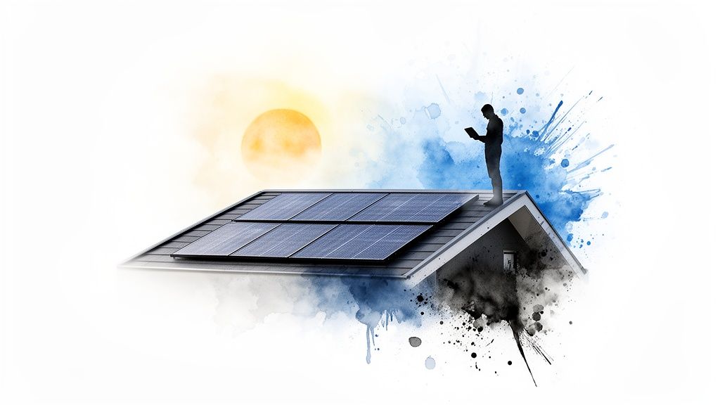 Een huis met zonnepanelen op het dak, een persoon die een tablet vasthoudt, met zon en blauwe lucht in aquarel.