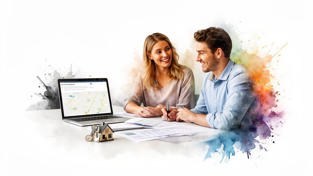 Een lachend stel bespreekt documenten over een huis met een laptop, sleutels en modelhuisje op tafel.