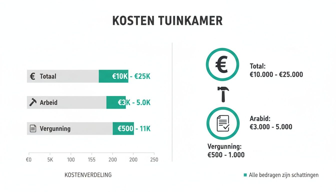 Overzicht van de kosten voor een tuinkamer, inclusief arbeid, vergunning en totale schattingen.
