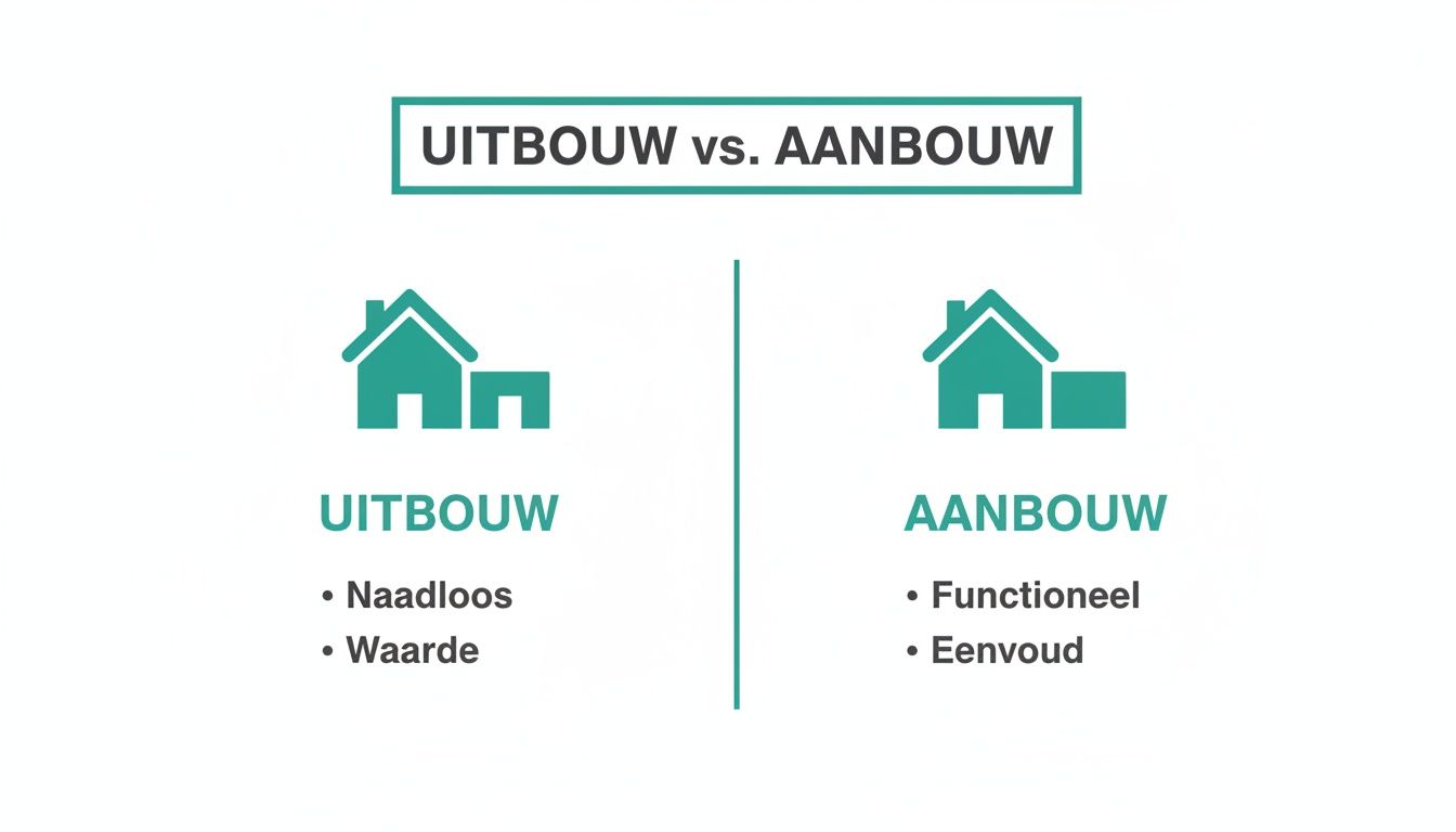 Vergelijking tussen een uitbouw en een aanbouw met illustraties van huizen en hun kenmerken.