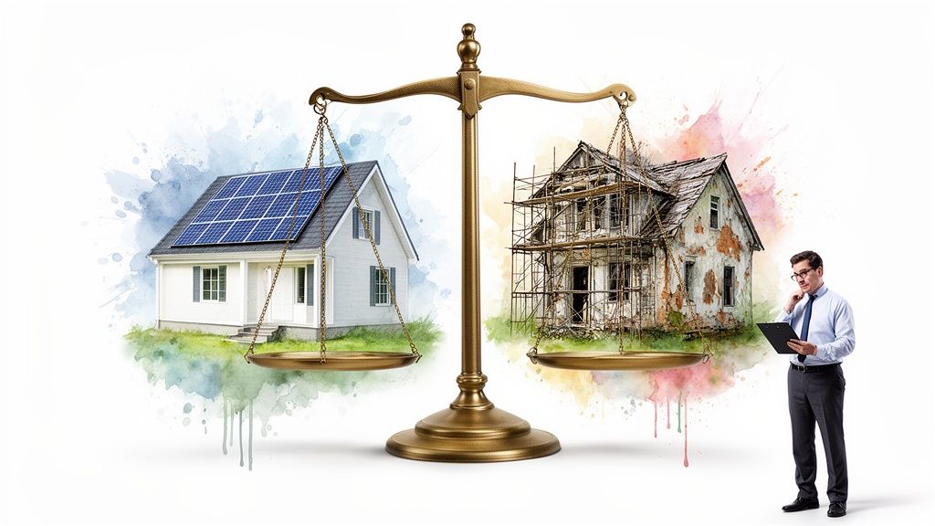 Een weegschaal balanceert een modern huis met zonnepanelen en een oud bouwvallig huis in aanbouw, met een taxateur ernaast.