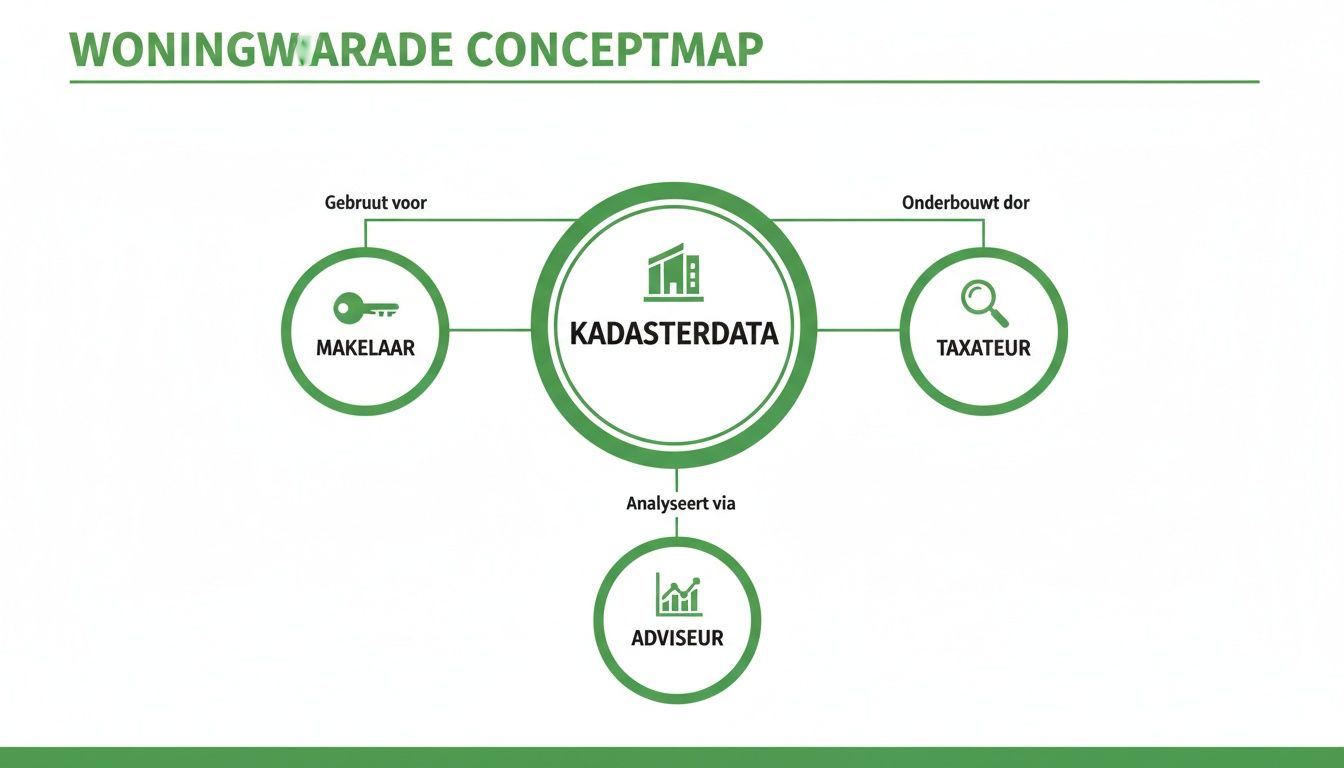 Conceptmap woningwaarde met kadasterdata, gebruikt door makelaar, onderbouwd door taxateur en geanalyseerd via adviseur.