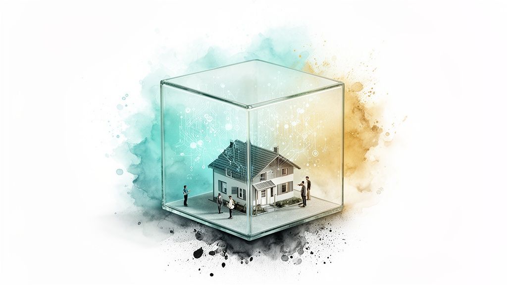 Miniatuurhuis in een glazen kubus met mensen die kijken, wat innovatieve woningtechnologie suggereert.