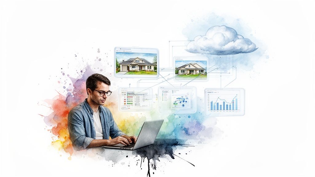 Man op laptop analyseert online vastgoedinformatie en waardeberekeningen met cloudverbinding.