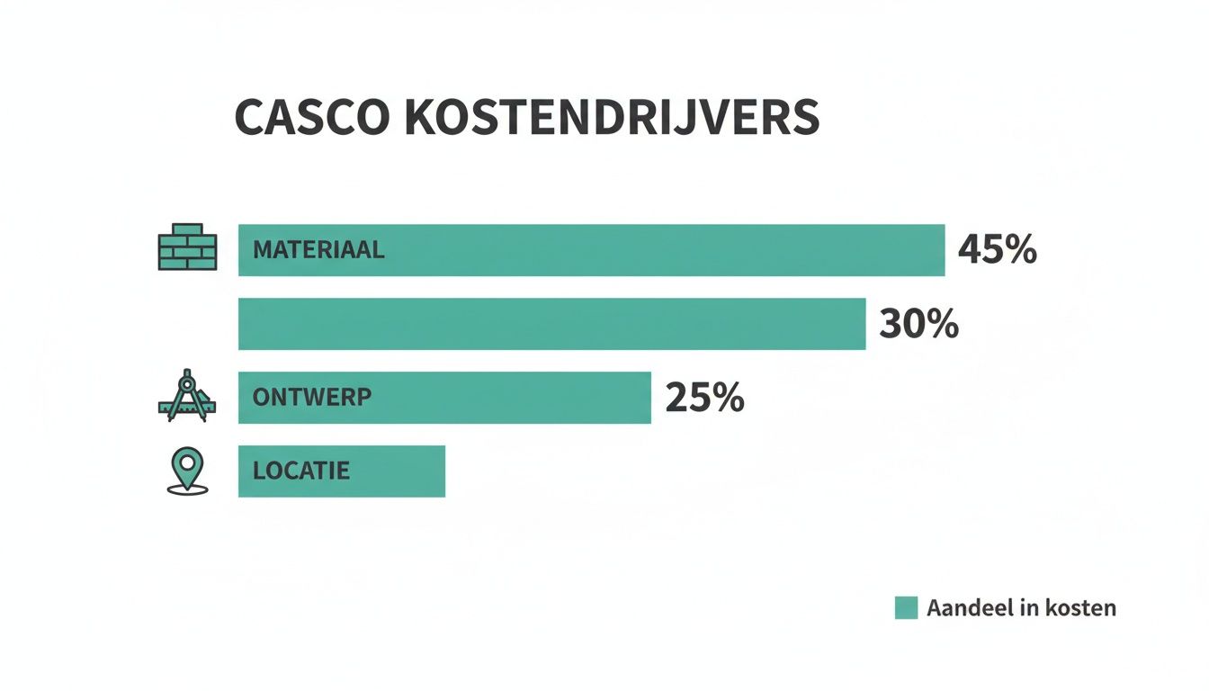 Staafdiagram van casco kostendrijvers: materiaal 45%, ongespecificeerd 30%, ontwerp 25% en locatie.