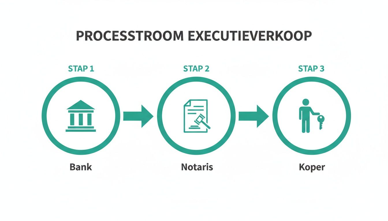 Processtroom van een executieverkoop, met de opeenvolgende stappen voor de bank, notaris en koper afgebeeld.