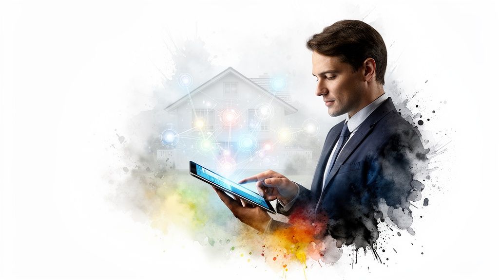 Man in pak bedient tablet met smart home-interface voor een modern, verbonden huis.