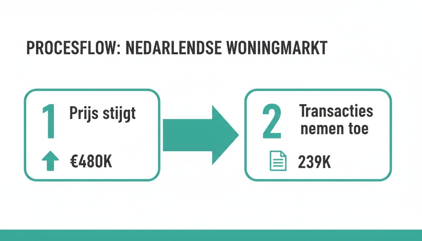 Procesflow van de Nederlandse woningmarkt: stijgende huizenprijzen (480K euro) leiden tot meer transacties (239K).