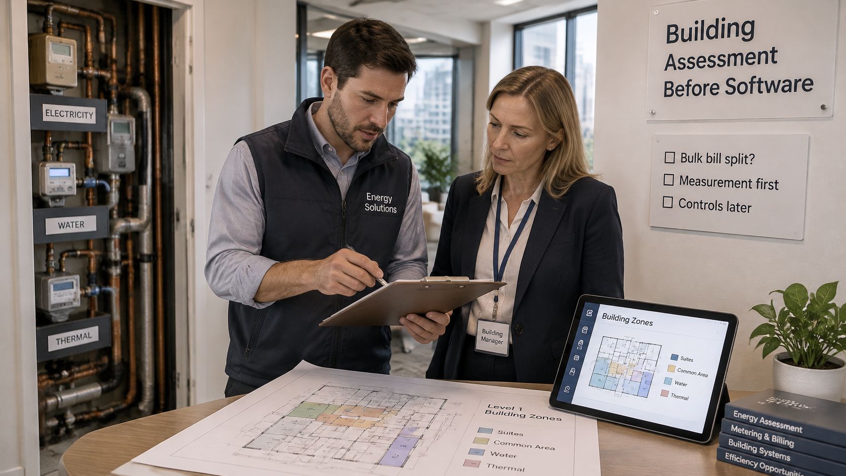 A male energy consultant and female building manager reviewing architectural floor plans and energy management software together.