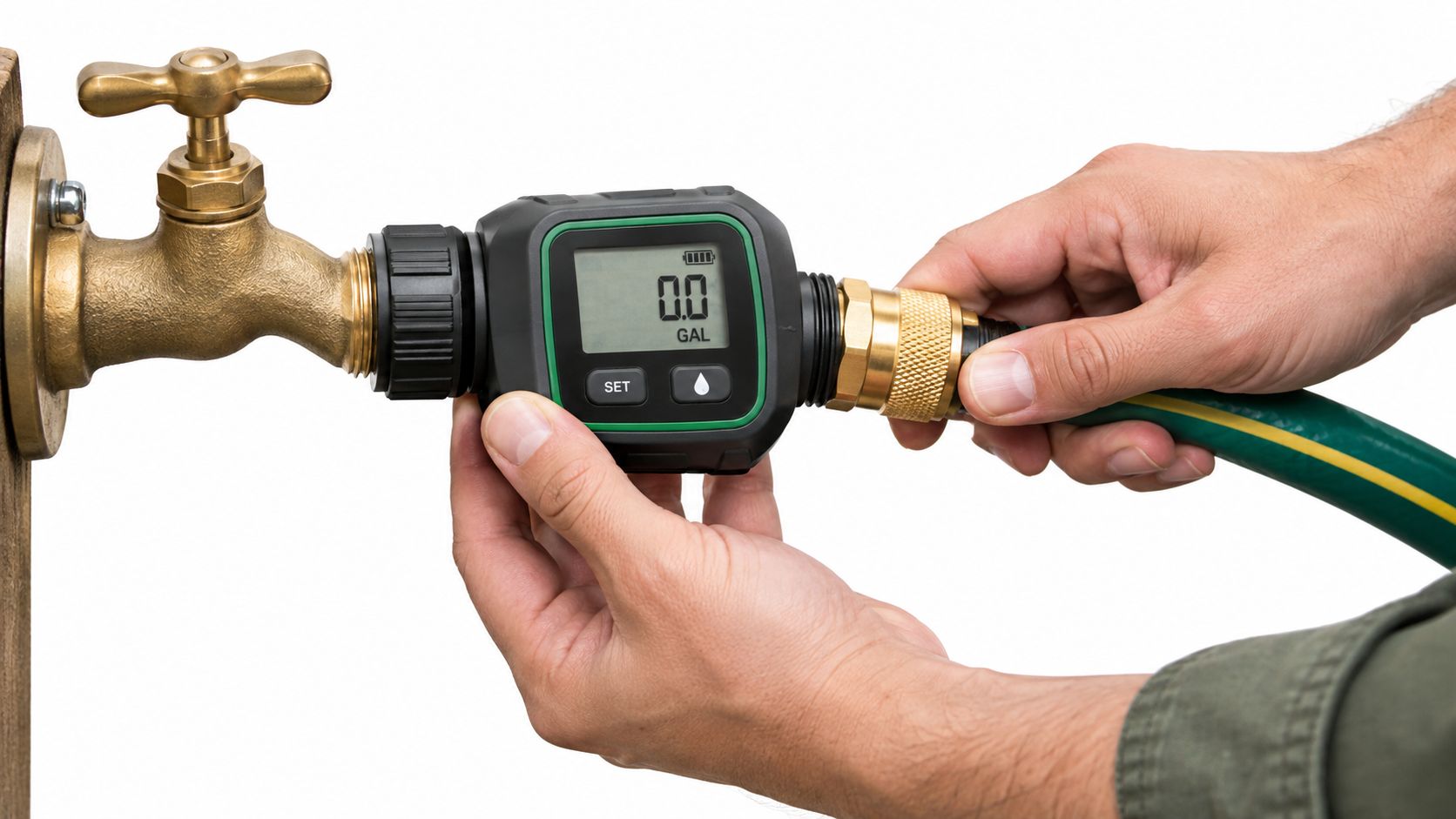 A close-up view of a person installing a digital water flow meter onto an outdoor garden faucet.