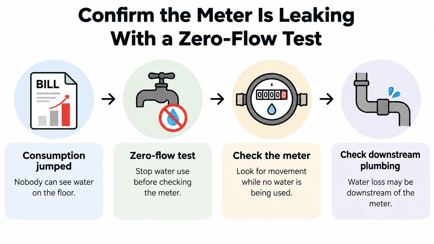 A four-step infographic illustrating how to perform a zero-flow test to identify a leaking water meter.