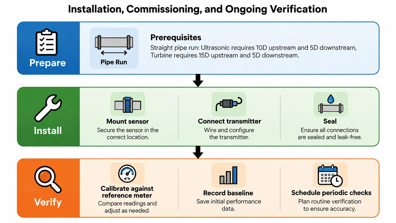 A flowchart detailing the installation, commissioning, and verification steps for industrial water flow sensors.