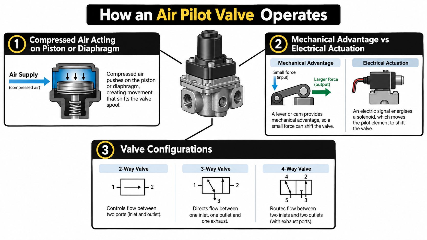 A diagram explaining how air pilot valves operate through compressed air, mechanical advantage, and various valve configurations.