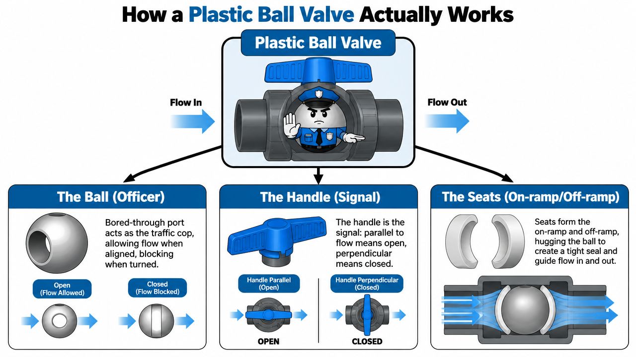 A diagram explaining how a plastic ball valve functions using an officer and traffic analogy.