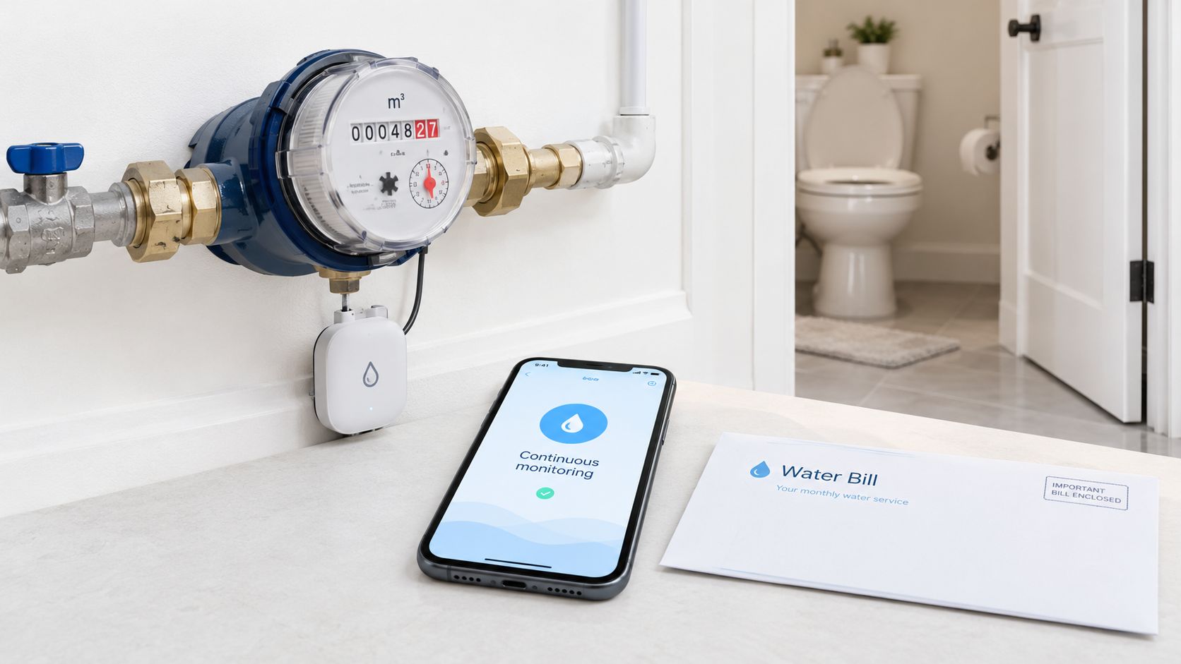 A smart water meter sensor device installed on pipes next to a smartphone showing monitoring app.