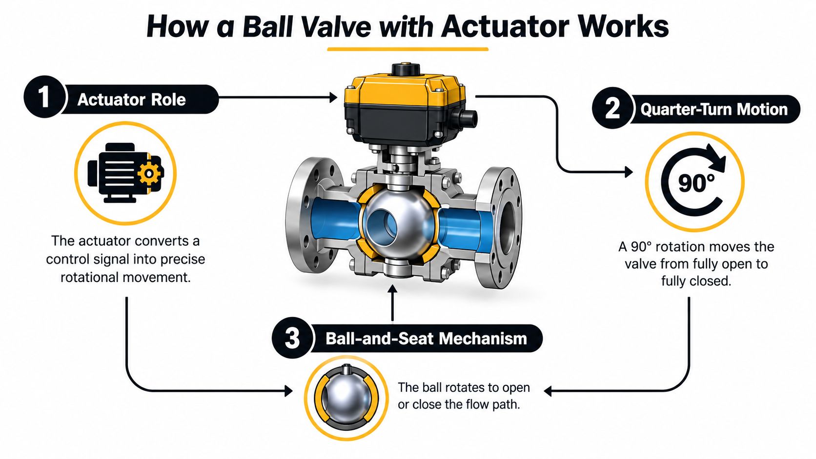 A diagram illustrating the working principle of a ball valve with an integrated electric actuator device.
