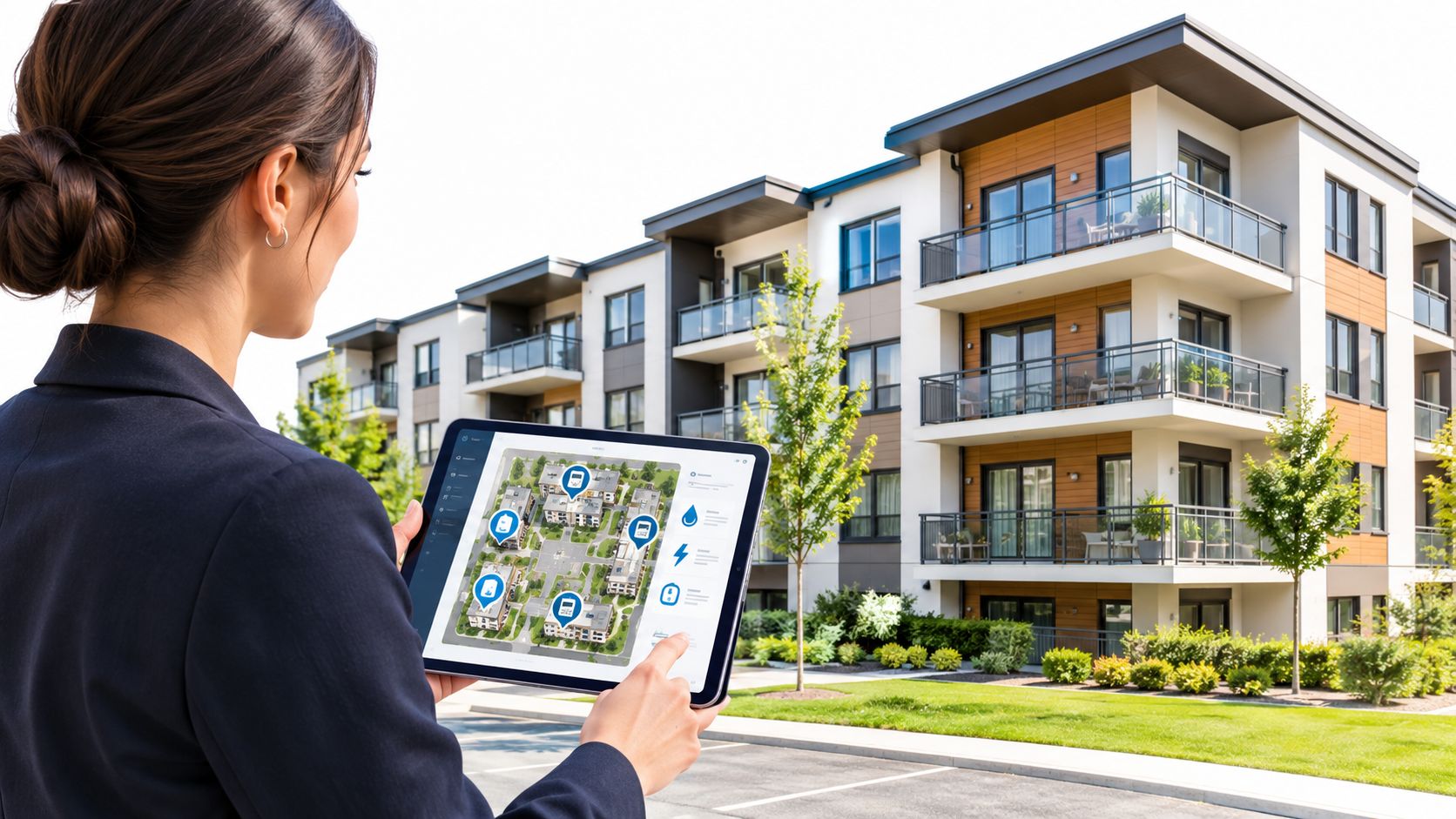 A professional woman uses a tablet to monitor building utility systems in front of an apartment complex.