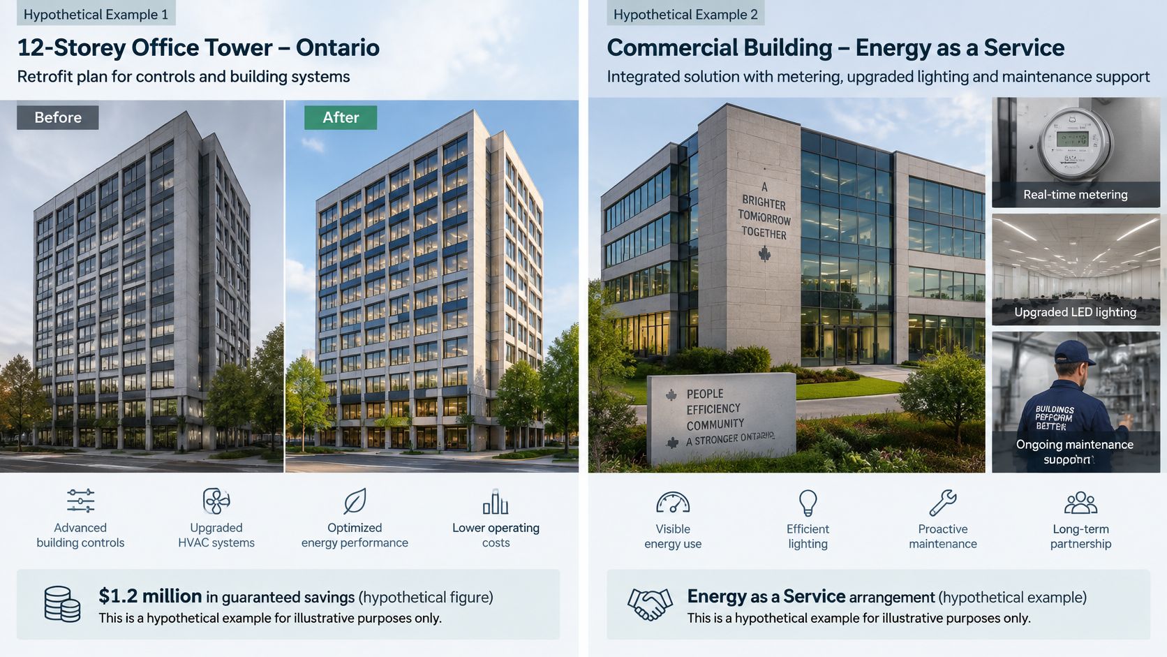 Two infographic panels illustrating building retrofits and energy-as-a-service solutions for commercial properties in Ontario.