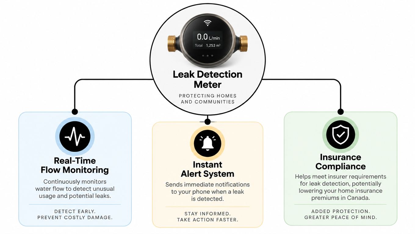 A digital smart water leak detection meter for homes with three key benefits displayed below it.