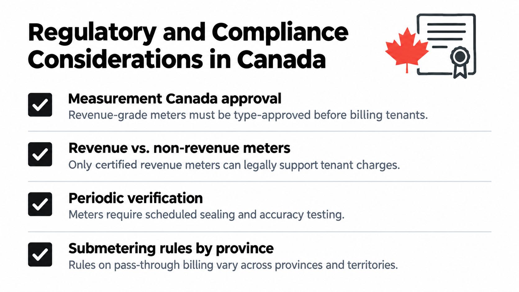 A list of four key regulatory and compliance considerations for submetering systems in Canada.