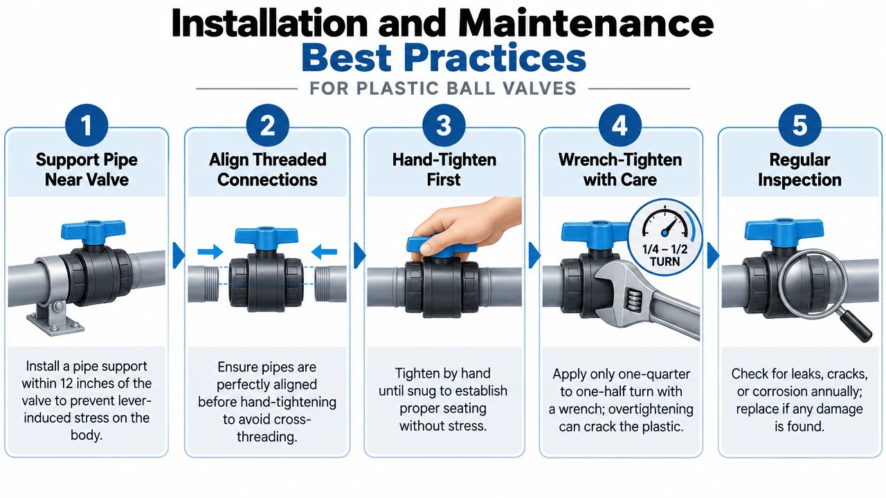 A five-step guide for installing and maintaining plastic ball valves, shown with illustrations and instructional text.