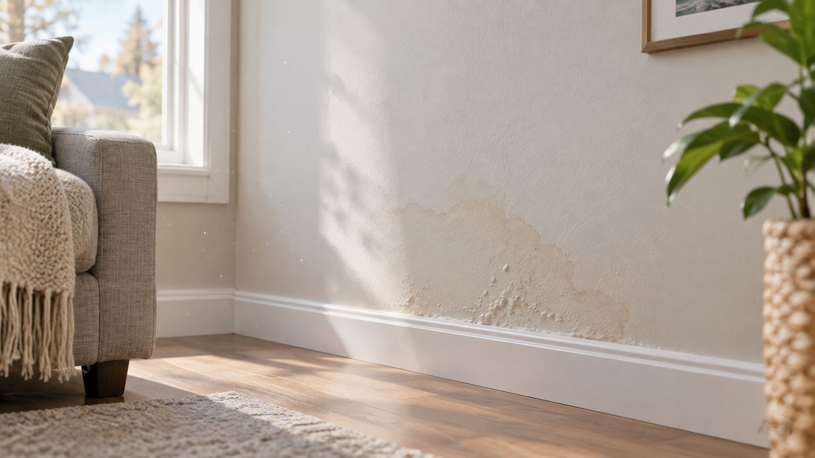 A close-up view of a living room wall showing visible water damage and bubbling paint near baseboards.