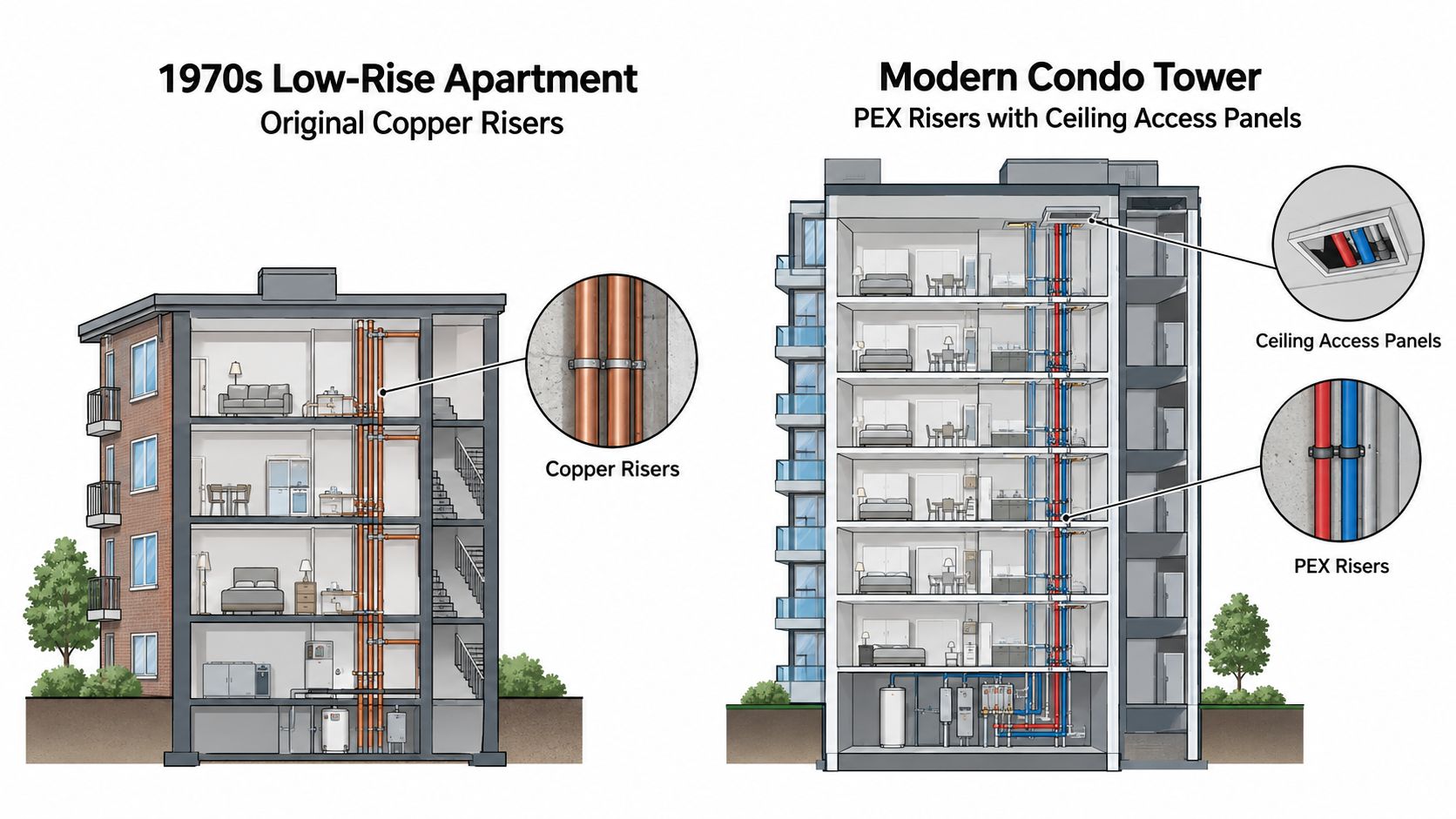 A diagram comparing plumbing systems in a 1970s apartment with copper risers and a modern condo with PEX.