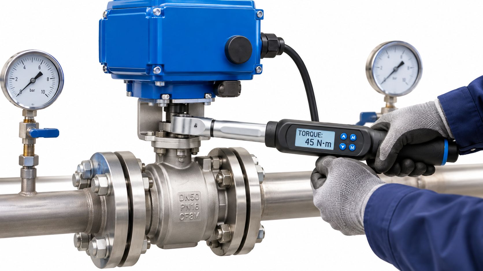 A technician using a digital torque wrench to tighten a valve on an industrial pipeline setup.
