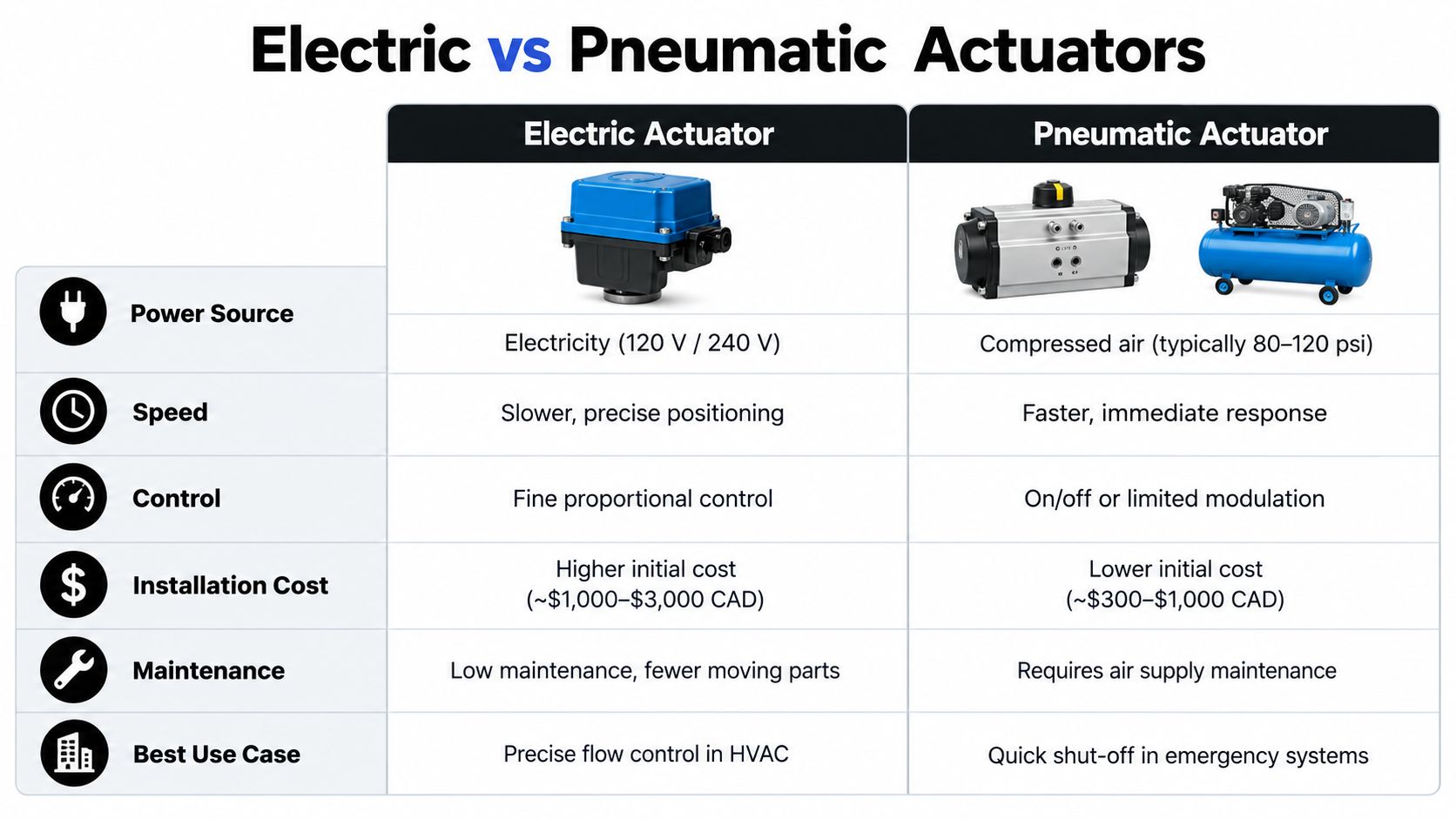 A comparison chart outlining the key differences between electric and pneumatic actuators, including power, speed, cost, and maintenance.
