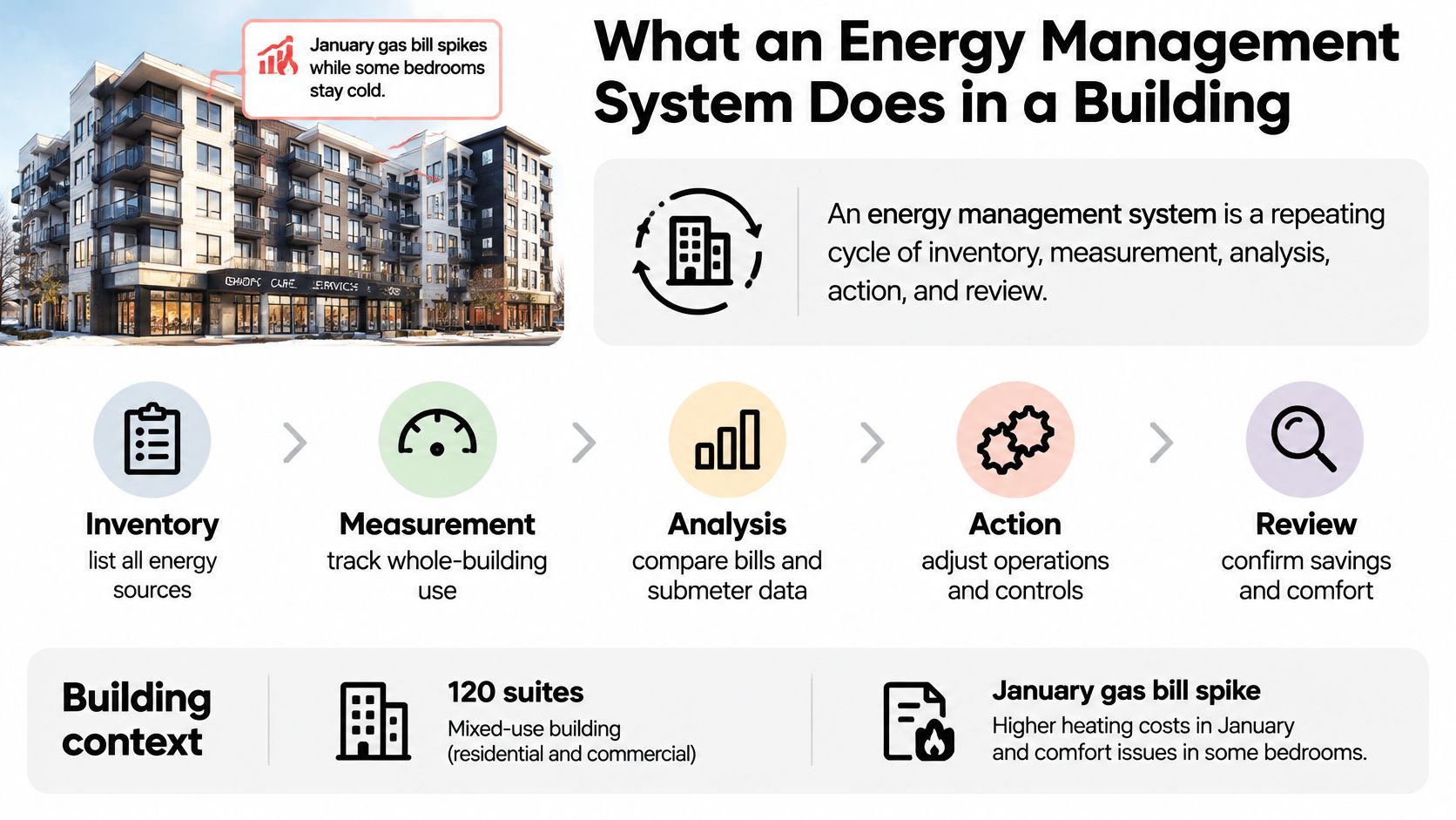 An infographic showing the five steps of a building energy management system: inventory, measurement, analysis, action, and review.