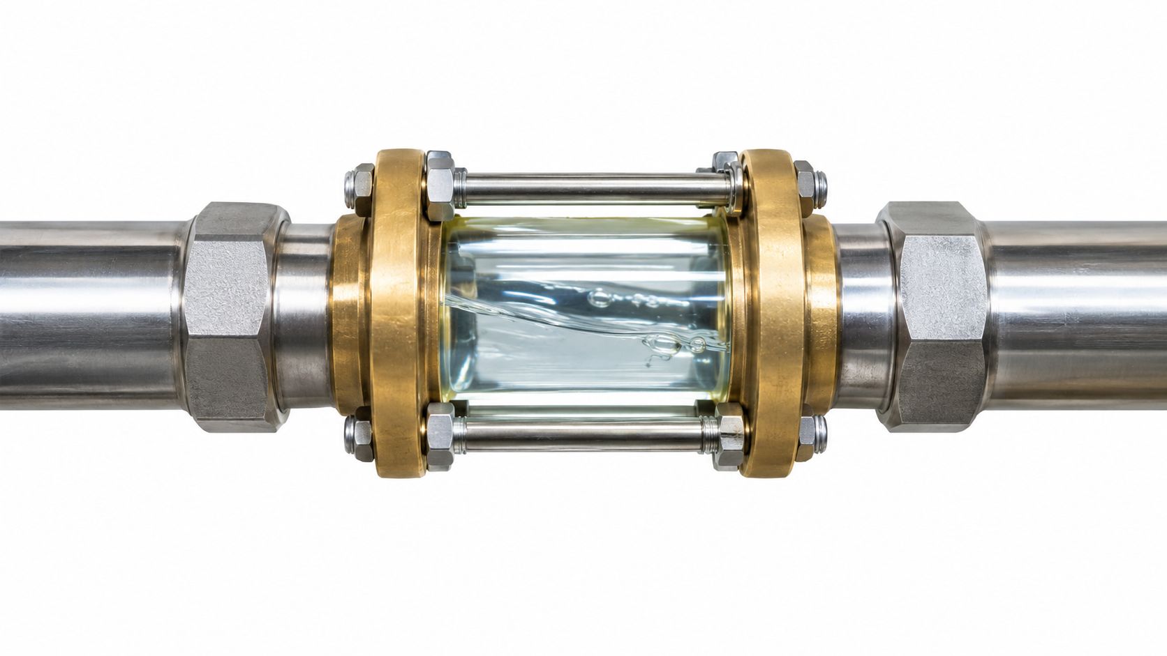 A stainless steel industrial pipe section featuring a clear glass sight flow indicator for monitoring fluid.