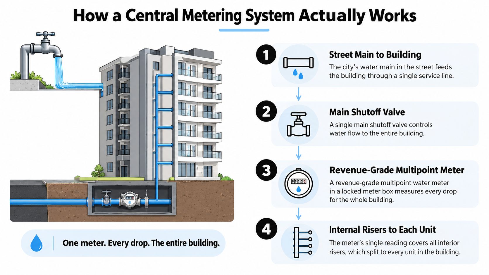 A diagram illustrating a central metering system for a multi-story building, showing water flow through one main meter.