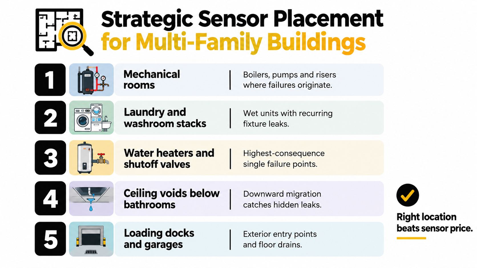 An infographic showing five strategic locations for installing water leak detection sensors in multi-family residential buildings.